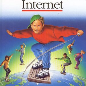 An illustration from the early 80s or 90s showing a group of cool kids surfing on computer keyboards, flying high up above the eart. The word "Internet" is above them.