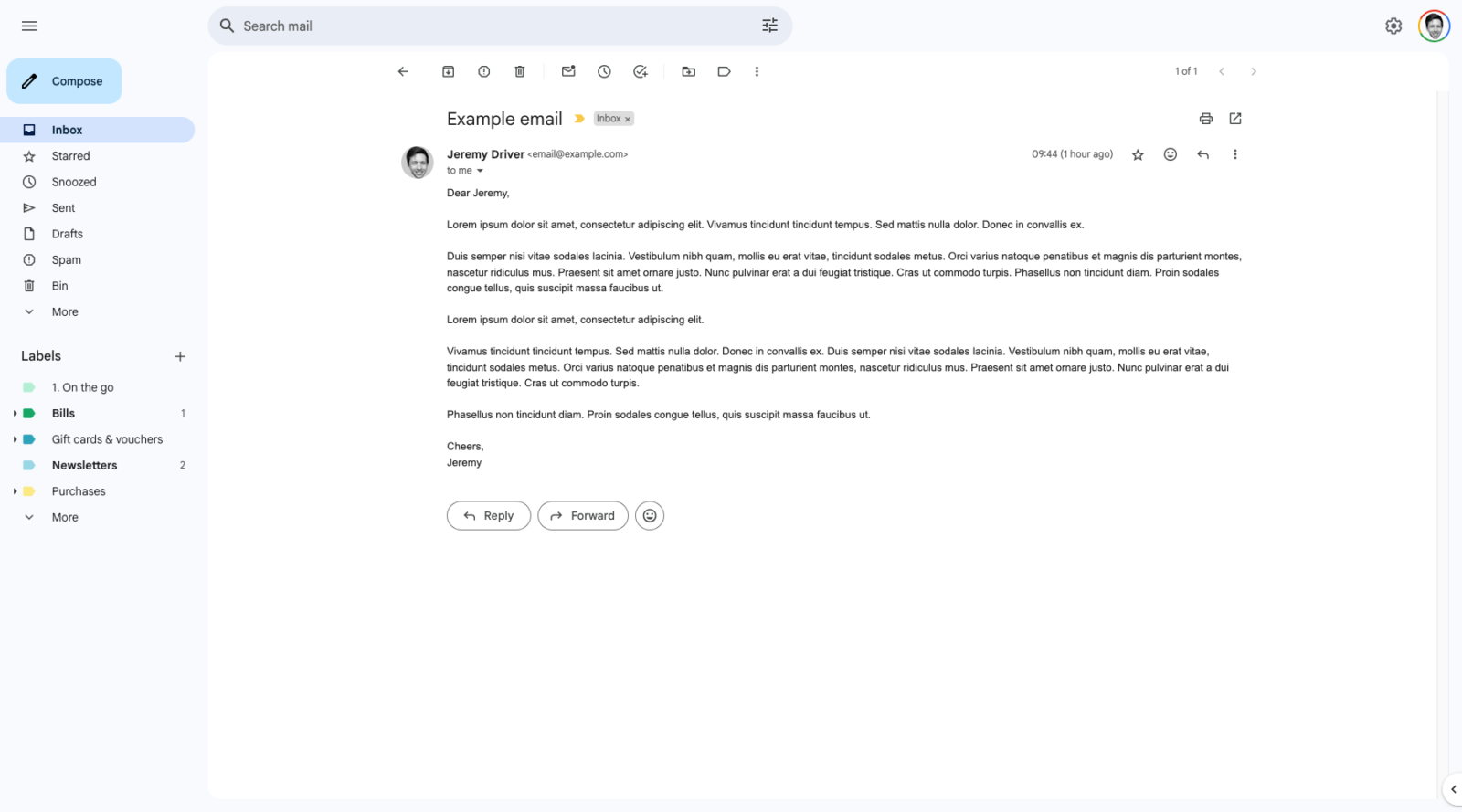 A screenshot of a conversation in my Gmail with a few buttons and elements hidden, and the content of the email is within a thinner container, making it more pleasant to read and look nicer.