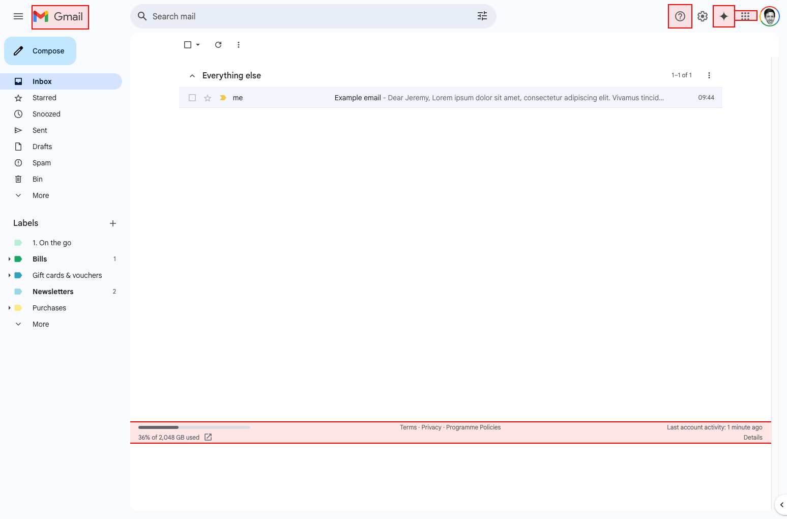 A screenshot of my Gmail inbox with a number of buttons and elements highlighted.